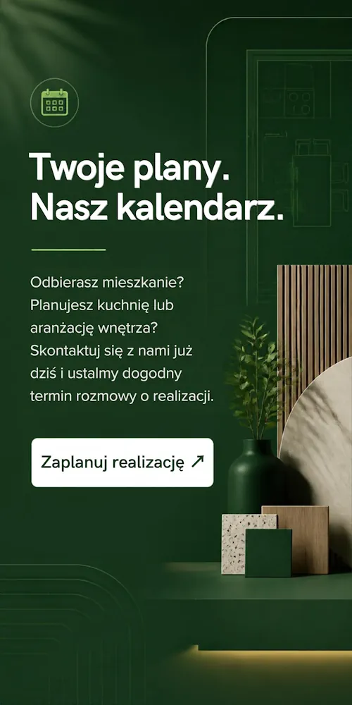 Grafika zachęcająca do wcześniejszego zaplanowania mebli na wymiar i kontaktu w sprawie terminu realizacji